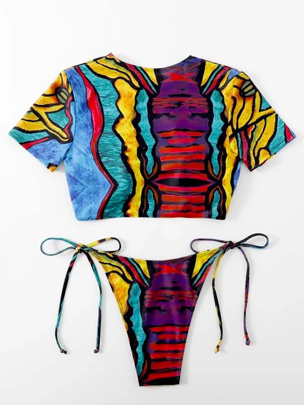 Mangas curtas abstrato impresso bandagem tubo tankinis roupa de banho