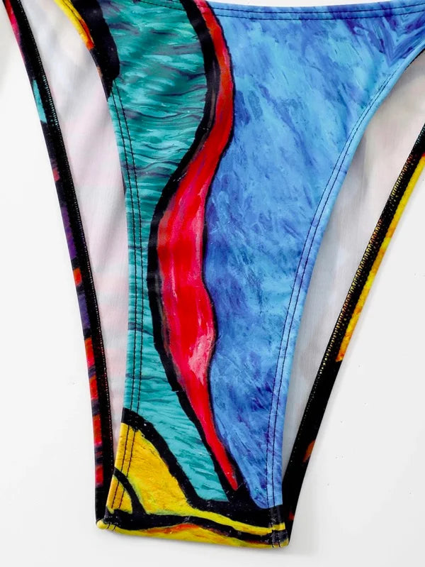 Mangas curtas abstrato impresso bandagem tubo tankinis roupa de banho