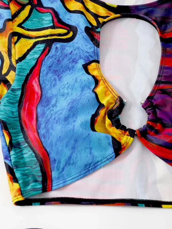 Mangas curtas abstrato impresso bandagem tubo tankinis roupa de banho