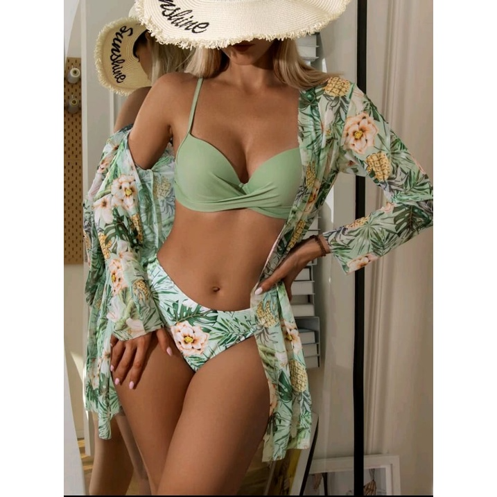 Conjunto Biquíni e Blusa de Praia Floral Rosa 3 Pçs
