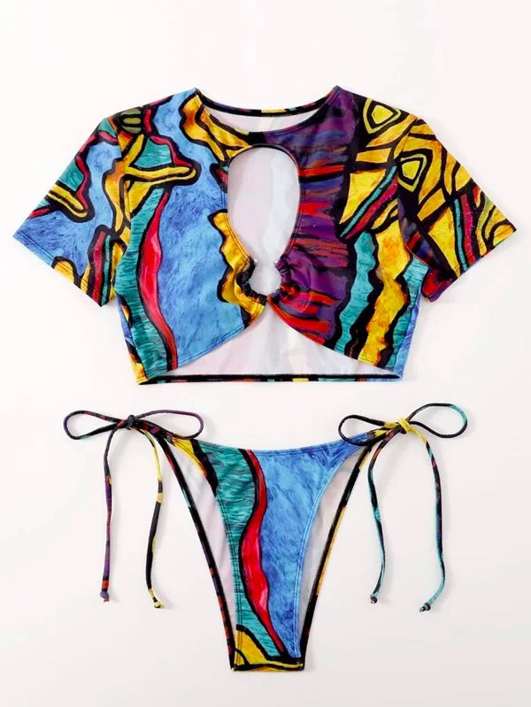 Mangas curtas abstrato impresso bandagem tubo tankinis roupa de banho
