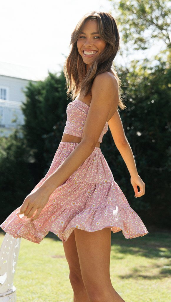 Conjuntos de saia e top cropped floral rosa