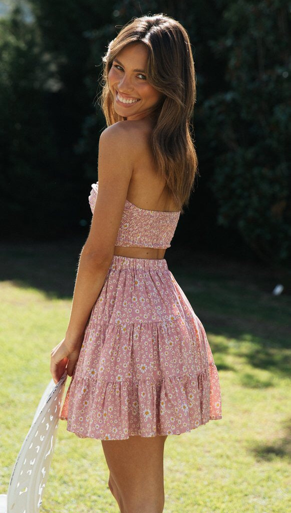 Conjuntos de saia e top cropped floral rosa