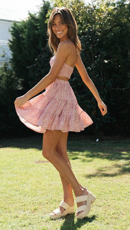 Conjuntos de saia e top cropped floral rosa