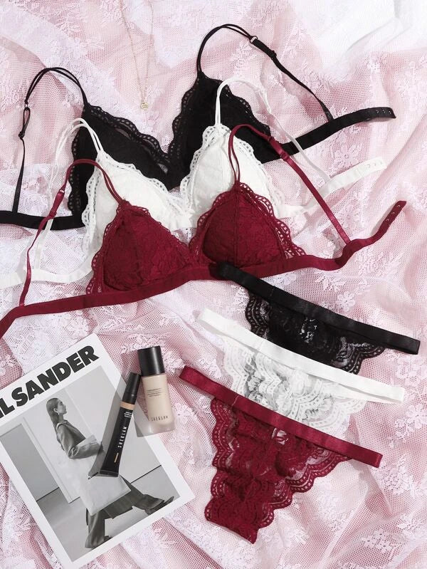 Kit com 3x conjuntos de lingerie de renda floral