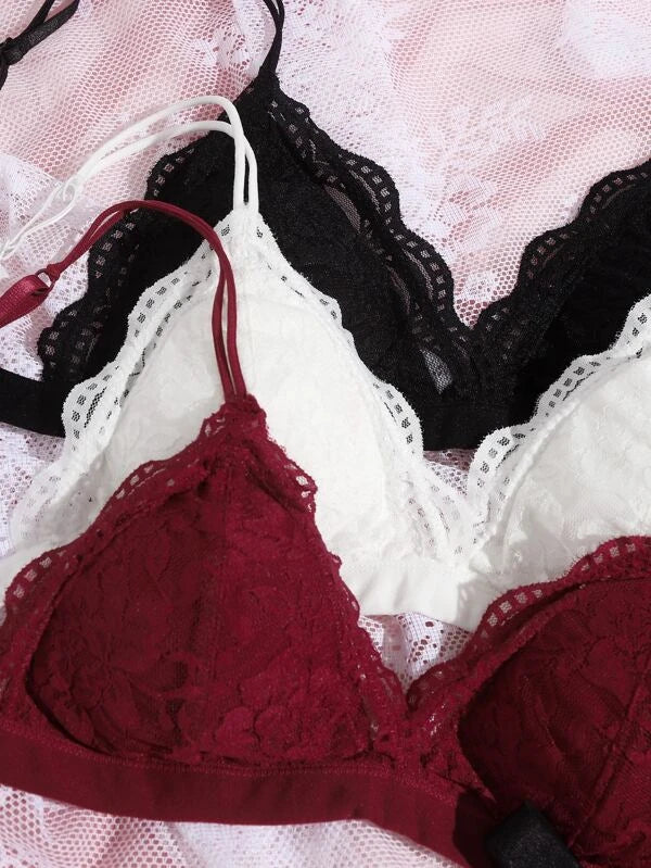 Kit com 3x conjuntos de lingerie de renda floral