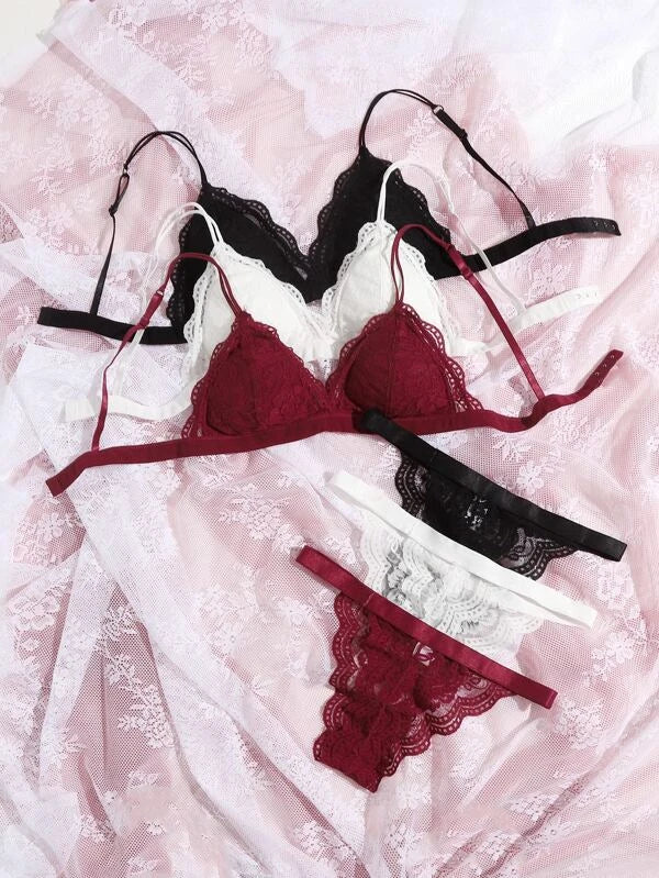 Kit com 3x conjuntos de lingerie de renda floral