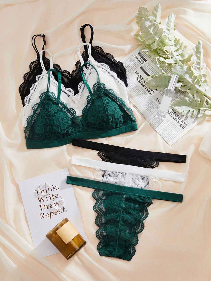 Kit com 3x conjuntos de lingerie de renda floral