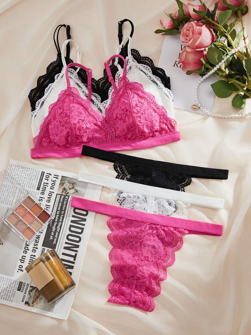 Kit com 3x conjuntos de lingerie de renda floral