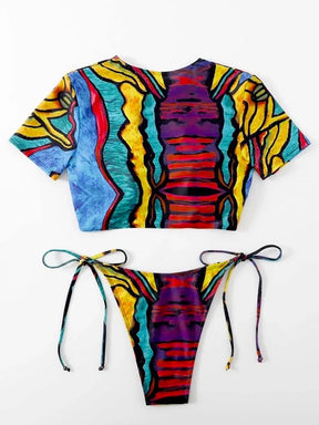 Mangas curtas abstrato impresso bandagem tubo tankinis roupa de banho
