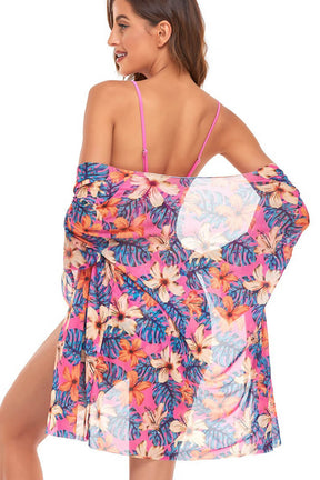 Conjunto Biquíni e Blusa de Praia Floral Rosa 3 Pçs