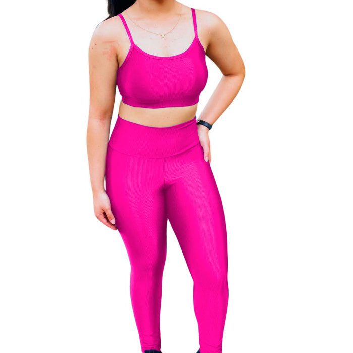 Conjunto Top + Legging Canelado Top Com Bojo Removível Costura Reforçada Academia Poliamida Premium Brilho Crossfit