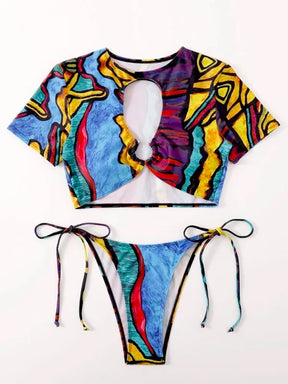 Mangas curtas abstrato impresso bandagem tubo tankinis roupa de banho