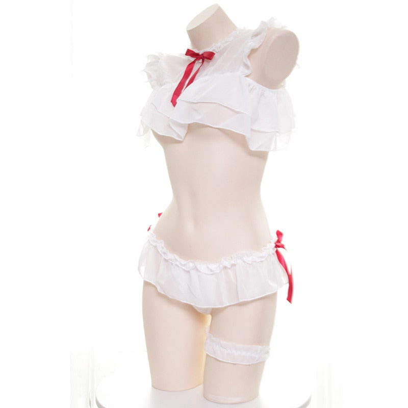 Conjunto de Lingerie Transparente de Fita Vermelha