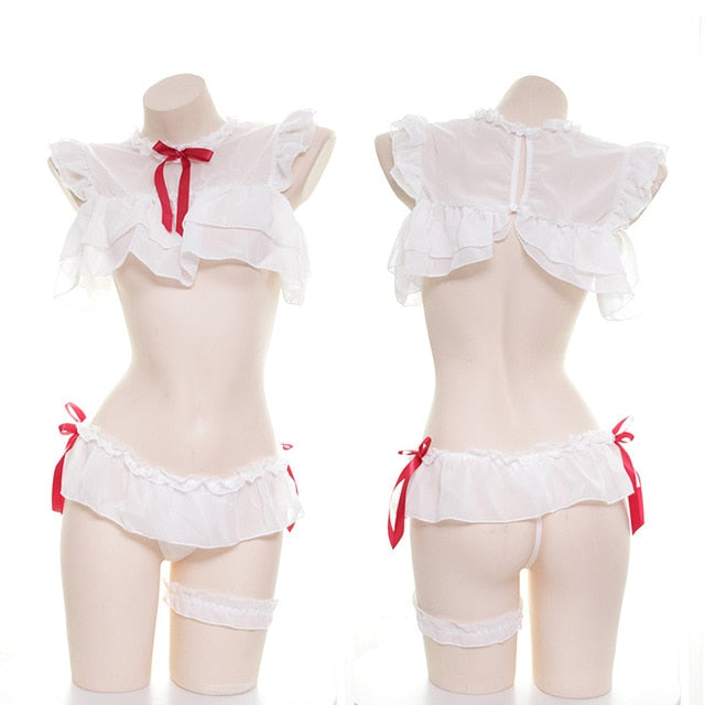 Conjunto de Lingerie Transparente de Fita Vermelha