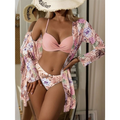 Conjunto Biquíni e Blusa de Praia Floral Rosa