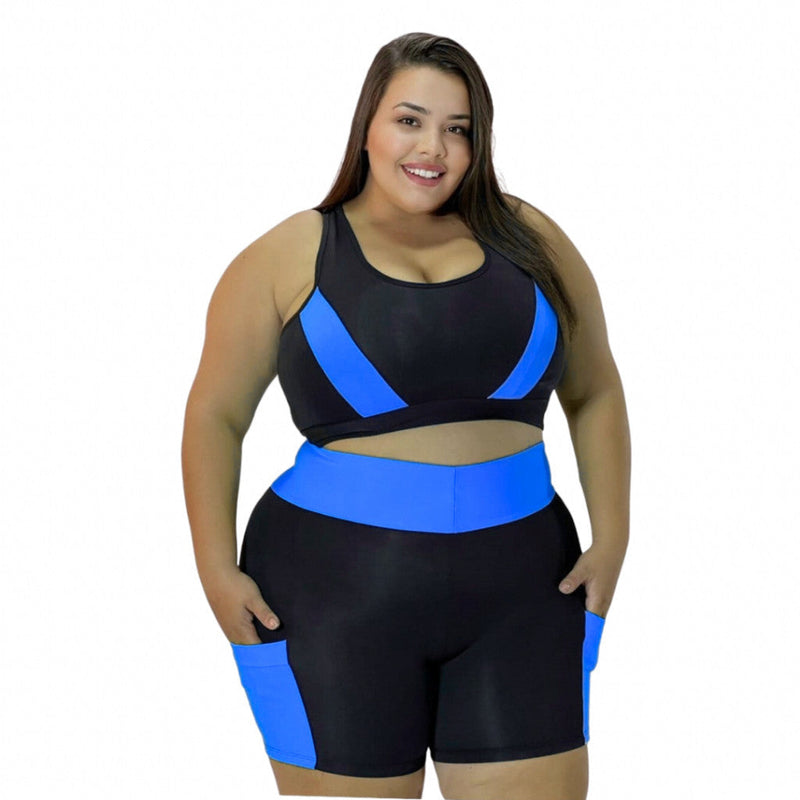 Conjunto Fitness Plus Size e Slim Top + Short c/ Bolso G GG XGG EXGG Modelo curve